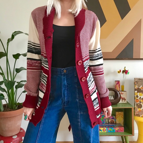 Vintage 70s striped space dye cardigan sweater M/L - Picture 5 of 6